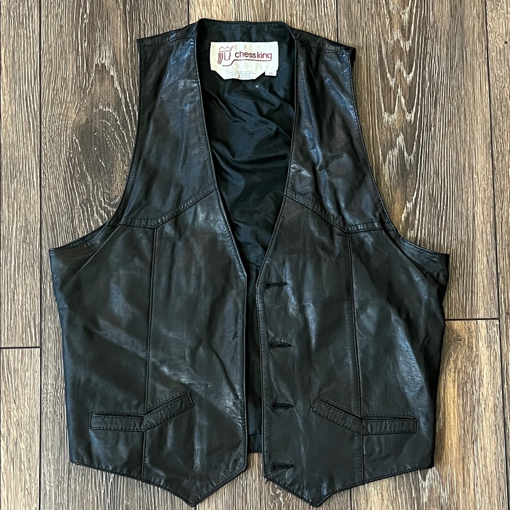 Vintage Mens Small Black Leather Chess King Vest Western Pocket Lined NO Buttons